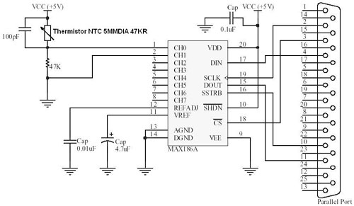Figure 1: Simple ADC-to-Parallel Port circuit diagram