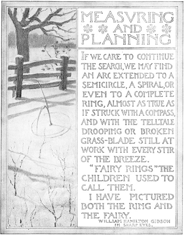 Measvring and Planning. If We Care to Continue the Search, We May Find an Arc
Extended to a Semicircle, a Spiral, or Even to a Complete Ring, Almost As
True As if Struck With a Compass, and With the Telltale Drooping or
Broken Grass-Blade Still at Work With Every Stir of the Breeze. 'Fairy Rings' the Children Used to Call Them. I Have Pictured Both the Ring and the Fairy. William Hamilton Gibson in Sharp Eyes.